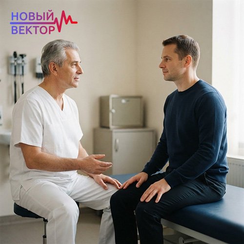 Врач беседует с пациентом в кабинете, демонстрируя возможность получить профессиональную помощь при анонимном лечении наркомании